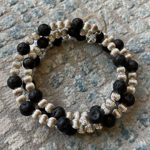 Bangle: lava stone and sterling on stainless memory wire w/Swarovski crystals